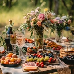 Wall Mural - summer table in nature with snacks, wine and fresh flowers.
Concept: catering for picnics and feasts, organizing weddings and outdoor events.