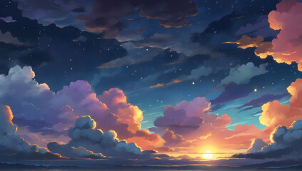 night sky clouds. the sun has set. background design. cartoon or anime illustration style.