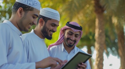 Wall Mural - Three smiling Middle Eastern men standing next to each other and looking at a tablet computer. Fictional Character Created By Generated By Generated AI.