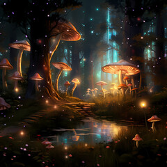 Canvas Print - A mystical forest with glowing mushrooms and fireflies