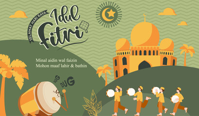 Wall Mural - Translation : Happy Eid al Fitr. Moslem Kids Playing Rebana(Arabian Drum) in Eid Celebration. Eid Mubarak Poster Design Vector Illustration