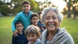 © shelbys - A joyful portrait of an elderly woman surrounded by a group of young people.. Fictional Character Created By Generated By Generated AI.