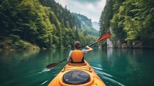 A person enjoying an eco-friendly activity, such as kayaking or hiking, with a focus on the importance of preserving natural habitats 