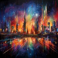 Sticker - Abstract city skyline with vibrant streaks of light.