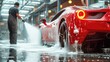 car wash scene where a man uses a high-pressure water sprayer to wash a red sports car
