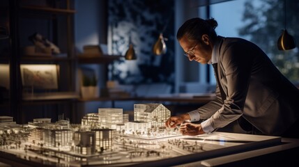 Poster - Architect examines scale model precise architectural light