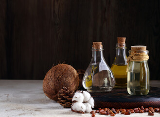 Wall Mural - organic cedar coconut vegetable oil in glass bottle