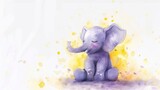 Fototapeta Zwierzęta - a watercolor painting of a baby elephant sitting on the ground with its trunk in the air and its eyes closed, with yellow and purple spots around its trunk 
