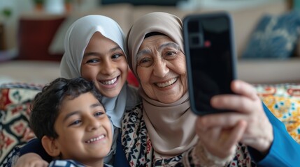 Wall Mural - Old woman, kids take selfie with grandma using smartphone. Fictional Character Created By Generated By Generated AI.