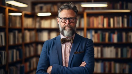 Poster - Sociologist mid-40s tweed blazer surrounded by books warm light