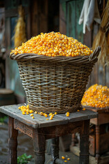 Wall Mural - Baskets of sea buckthorn berries are on the table