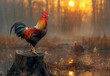 Rooster crowing on stump in the morning