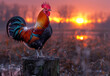 Rooster crowing on stump at sunrise