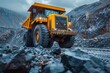© svastix - A powerful yellow dump truck is captured in a rocky mine setting, symbolizing industry and construction