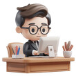 © Made - 3D character a Businessman working at the desk in modern office with Transparent Background