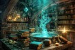 Sorcerers lair, ancient tomes, bubbling cauldron, mystical ambiance