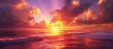 Fototapeta Na sufit - The painting depicts a vibrant sunset over the ocean, showcasing warm hues blending with cool blues. The sky is ablaze with orange, pink, and purple colors as the sun dips below the horizon, casting a