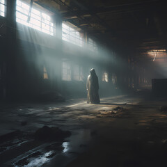 Poster - Ghostly figure in an abandoned industrial complex.