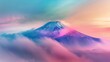 The abstract shapes of Fuji mountain distort and warp in a hallucinatory rainbow haze, seen from a disorienting aerial perspective