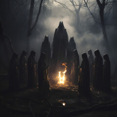 Poster - Mystic ritual in a forest with hooded figures.