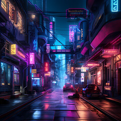 Wall Mural - Neon-lit cyberpunk alleyway with futuristic advertisements