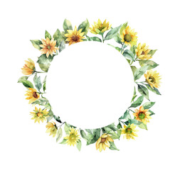 Wall Mural - spring sunflower wet watercolor background border frame with rounded copy space in the middle.