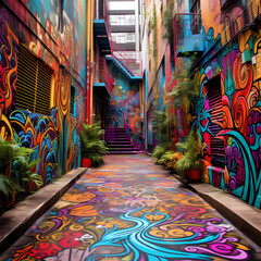 Canvas Print - Vibrant street art in an urban alley. 