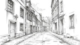 Fototapeta  - Old city. A sketch of a quaint, narrow street lined with traditional buildings, creating an old-world charm. narrow street
