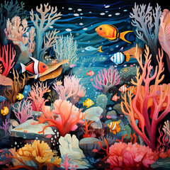 Canvas Print - Whimsical underwater creatures in a vibrant coral 