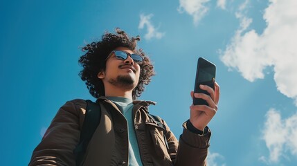 A trendy man looking at his smartphone against a clear blue sky, capturing the essence of modern connectivity and urban lifestyle, without text.