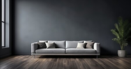 Sticker -  Modern elegance - Minimalist living room with sleek gray sofa and lush greenery