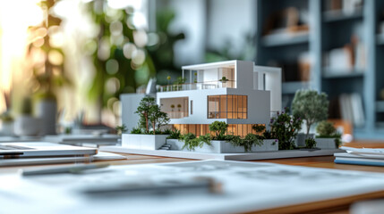 Poster - A detailed architectural model home basks in soft daylight, surrounded by meticulously designed greenery, highlighting sustainable living and modern design