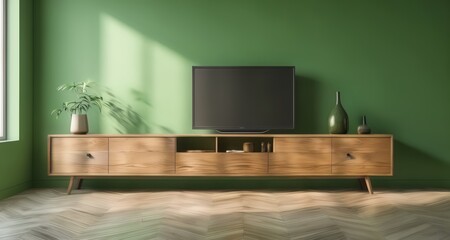 Poster -  Modern elegance - A sleek TV console in a vibrant green room