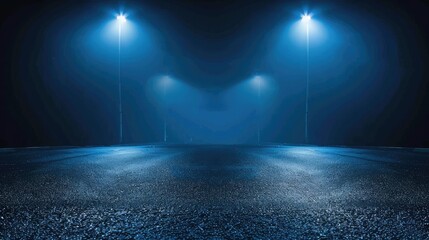 Poster - a dark empty street, dark blue background, an empty dark scene, neon light, spotlights the asphalt f