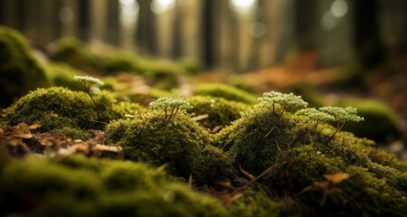 Poster -  Nature's intricate beauty - A close-up of moss and lichen in a forest