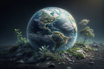 Wall Mural - Earth planet with trees and grass.