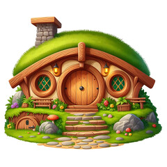 hobbit wooden house with green plants isolated on transparent background