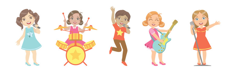 Sticker - Funny Boy and Girl Playing Musical Instrument Vector Set