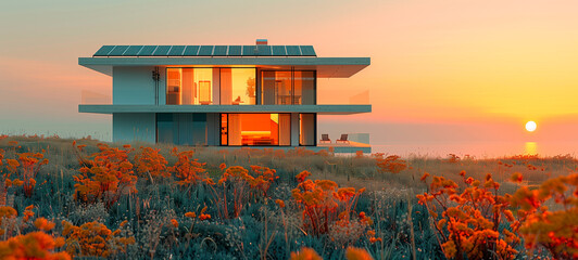 Modern house with solar panels on the roof