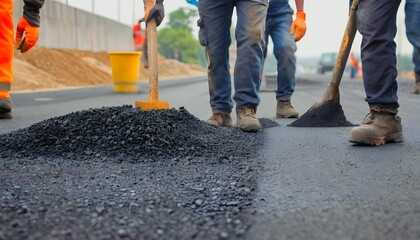 Road construction workers' teamwork, tarmac laying works at a road construction site, hot asphalt gravel leveled by workers, and road surface repair created with generative ai