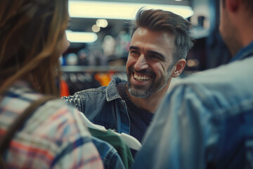 Canvas Print - smiling man asking advice from his girlfriend while buying clothes in shopping mall