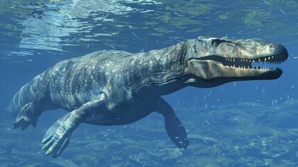 mosasaurus diving in the sea water in the jurassic era