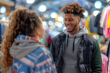 Canvas Print - smiling man asking advice from his girlfriend while buying clothes in shopping mall