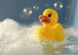 a yellow rubber duck on the foamy water