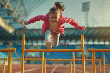 Poster - a kid jumping over hurdles on running track at stadium