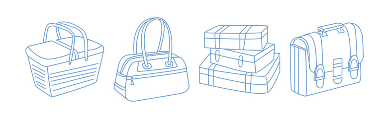 Luggage Bag and Baggage as Pack Tourism Object Line Vector Set