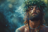Fototapeta Desenie - young bearded caucasian hippie man smoking marijuana and flower wreath in his hair, with marijuana plants