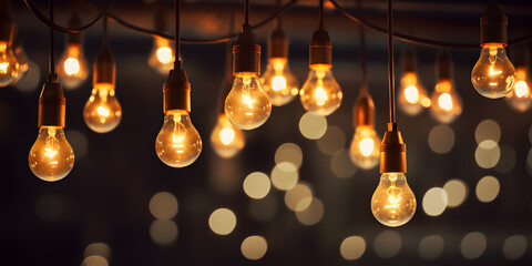 Wall Mural - Hanging light bulbs on dark background. Cozy decoration indoor cafe or Christmas party vibe