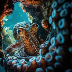 Canvas Print - Enigmatic World of Underwater Life. The Mysterious Beauty of Reef Creatures in the Deep Blue Sea. Vibrant Marine Wildlife Including Octopus, Starfish, and Coral