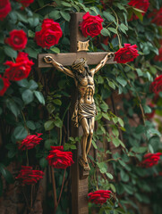 Wall Mural - Kreuz mit Rosen als Druckvorlage für Trauerkarten und Hintergrundmotiv